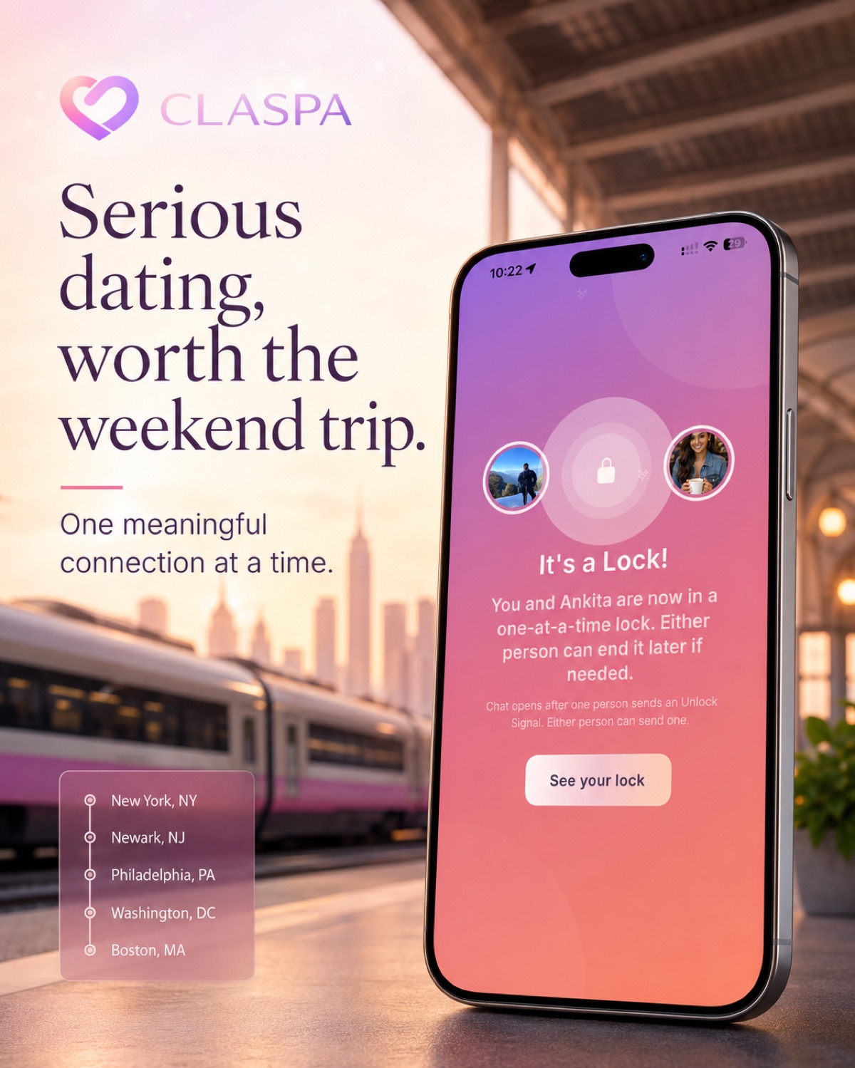 Claspa lock-first dating campaign showing the Lock confirmation